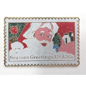 1983 Season's Greetings USA 20c Stamp Design Enamel Lapel Pin Santa Claus XMAS
